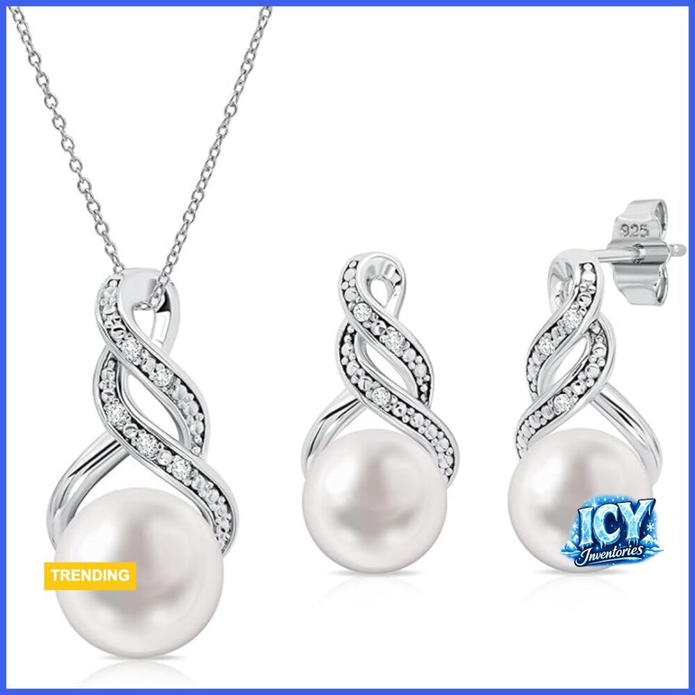 Sterling Silver Pearl Diamond Necklace Earring Set 18 Inch Chain